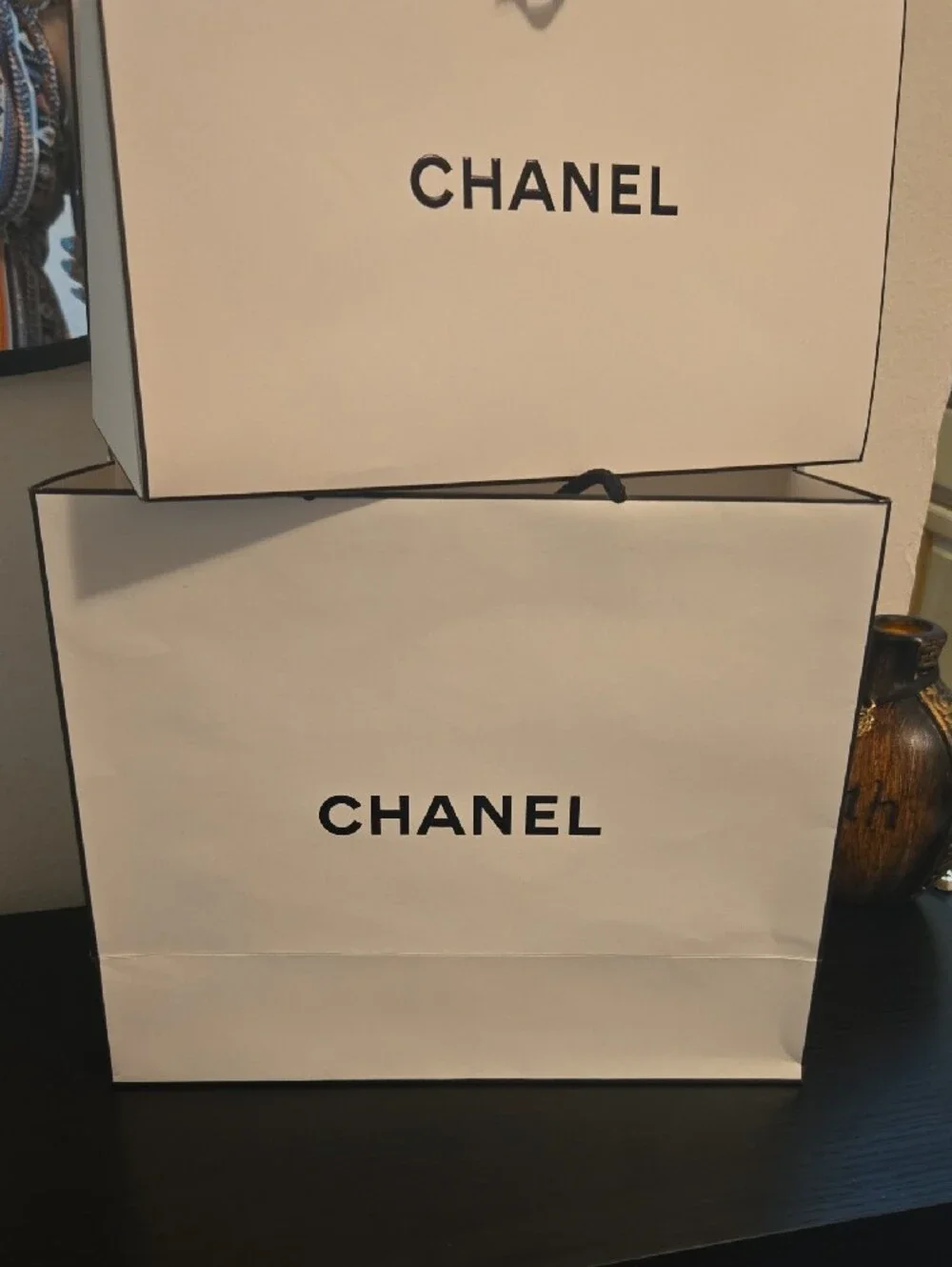 CHANEL White and Black Luxury Shopping Bag